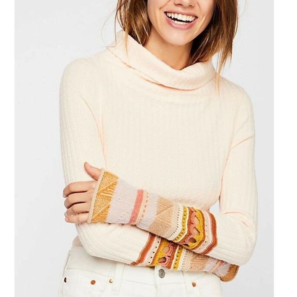 Free People Mixed-Up Cuff Thermal Top Peach Mock Neck Mixed Media